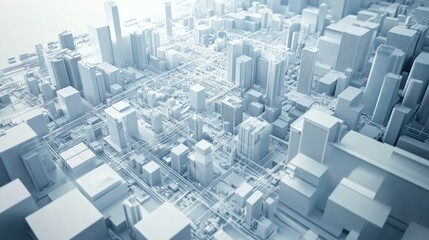 A 3D model of a cityscape showcasing buildings and streets in a minimalist design.