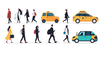 Set of friends and couples going out to downtown. Flat vector illustrations of people ordering taxi by call. Walking,  © RABBI