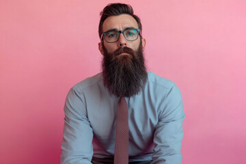 Obraz premium A man with a beard and glasses sitting on a chair in a dimly lit room, deep in thought.