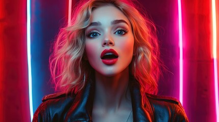 Fototapeta premium Elegant hot blonde woman red lips in jacket on neon background smiling and surprised