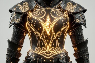 A Radiant Display of Artistic Marvel: The Glowing Patterns of a Black Armor Highlight Its Intricate Design and Captivating Beauty