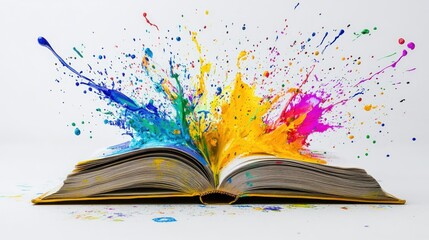 An open book with vibrant paint splashes, symbolizing creativity and imagination.