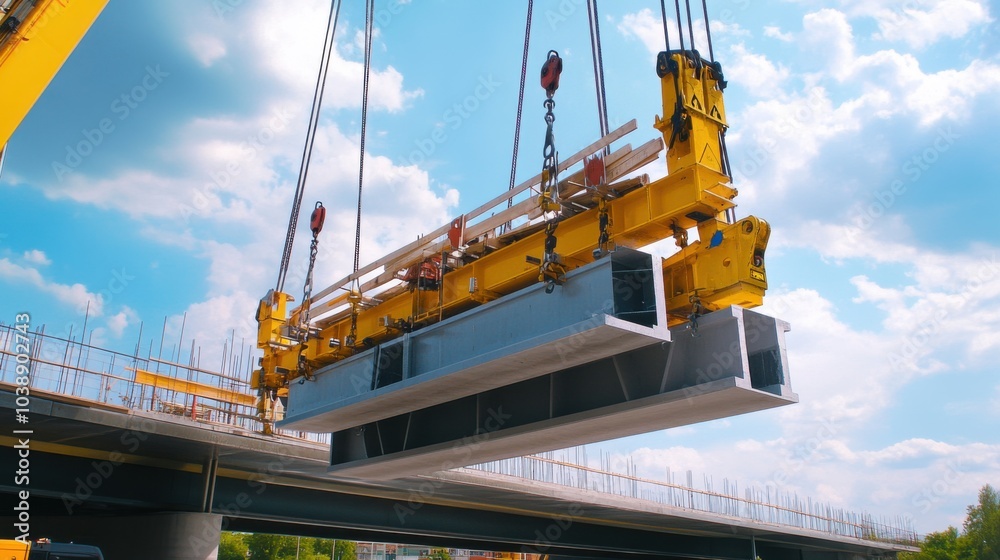 Poster a cinematic view of a construction crane operator lifting heavy prefabricated sections for a bridge 