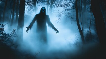 Mysterious Figure in Foggy Forest at Night