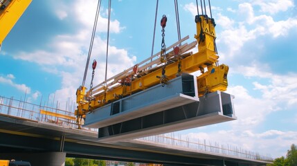 Fototapeta premium A cinematic view of a construction crane operator lifting heavy prefabricated sections for a bridge construction project, Prefabricated bridge construction scene, Strategic and logistical style