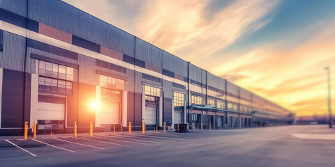 Fototapeta premium Large warehouse building exterior with empty parking lot, nobody