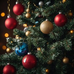 Fototapeta premium Colorful toys hang from the holiday tree