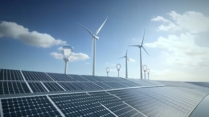 Solar panels and wind turbines with light bulbs represent clean energy.