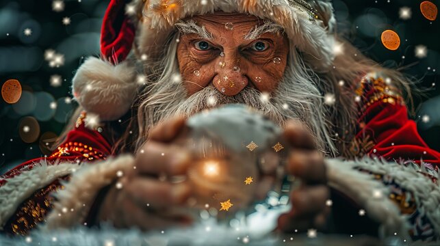 A splendid fortune teller santa clause is gazing into the future using a mystical crystal ball