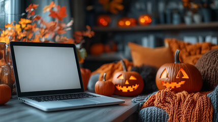 Mockup of laptop with copy space, Halloween theme, Jack-o'-lanterns, pumpkin decorations