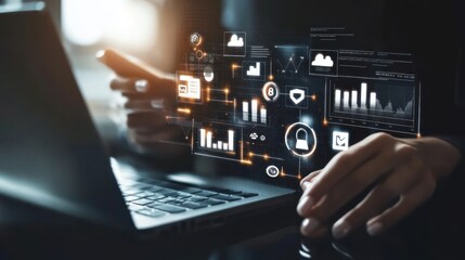 A person using a laptop with digital data and security icons overlay.