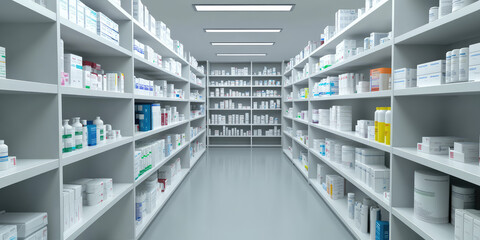 Fototapeta premium Pharmaceutical Powerhouse background. Warehouse, Life-Saving Medications. Efficient Inventory Management, Global Healthcare Distribution.