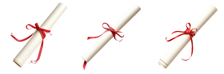 Set of A neatly arranged piece of paper with a bright red ribbon wrapped around it, showcasing the texture of the paper on transparent background. Ai generated