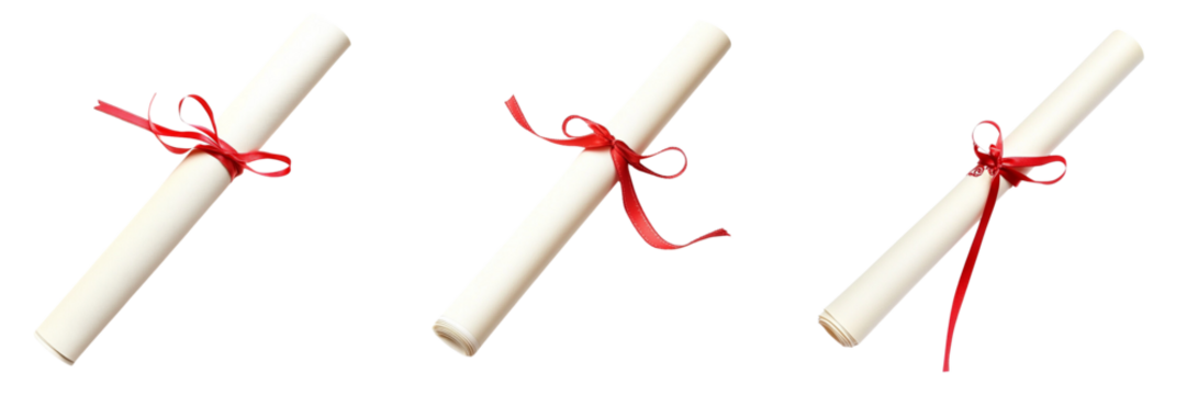 Set of A neatly arranged piece of paper with a bright red ribbon wrapped around it, showcasing the texture of the paper on transparent background. Ai generated