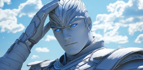 3D rendering of a white male cyborg thinking and touching his head