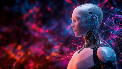 Naklejka premium 3D humanoid AI robot metaverse cyberspace digital world background, revolution of AI artificial intelligence automated digital technology industry 4.0, artificial intelligence, humanoid concept.