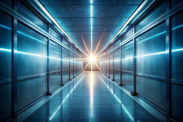 A futuristic corridor illuminated by bright lights, leading toward a glowing exit, creating a sense of depth and perspective.