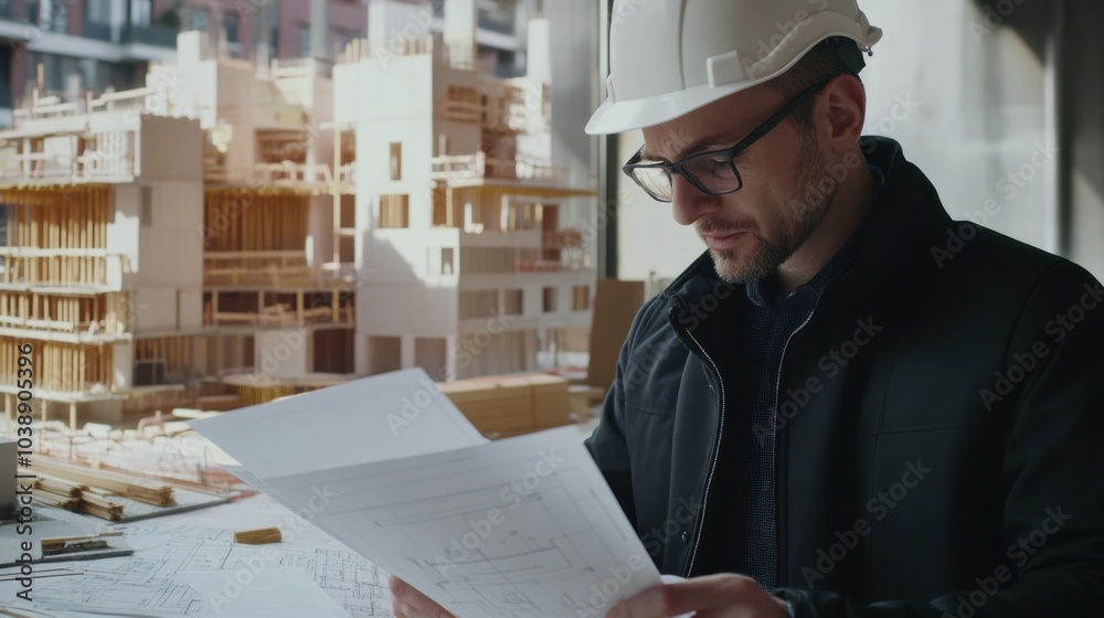 Poster A close-up of a construction architect in a white hard hat and black jacket, examining blueprints with a focused expression, with a backdrop of construction site and architectural models