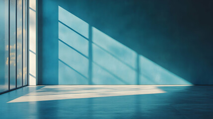 Obraz premium A minimalist interior scene featuring blue walls and long shadows cast by sunlight through large windows on a reflective floor.