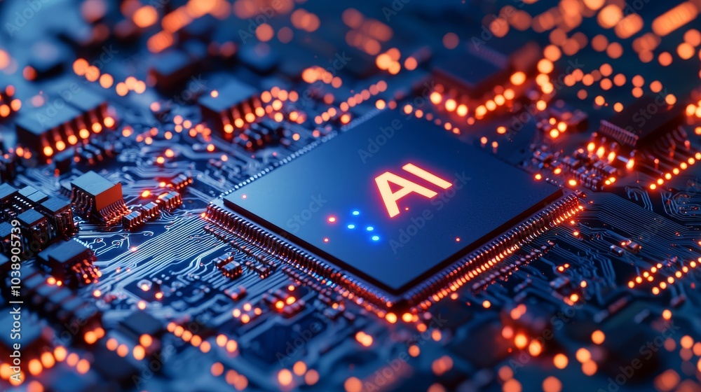 Poster an up-close macro shot of the main board of a computer cpu powered by an ai chip embedded in a semic