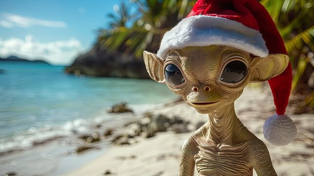 Alien in Santa's hat on the tropical beach background 
