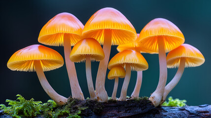 A cluster of vibrant yellow mushrooms growing on a decaying log in a lush forest setting during the late afternoon light
