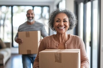 An elderly African American couple carrying cardboard boxes while moving into a new home. The image conveys themes of new beginnings, relocation, and senior independence.