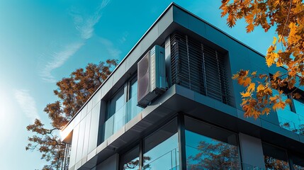 An air source heat pump is installed on the rooftop of a modern building, utilizing natural energy beneath a clear blue sky