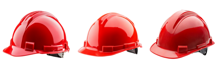 Set of A row of colorful worker helmets in red, blue, yellow, and white, neatly lined up against on transparent background. Ai generated