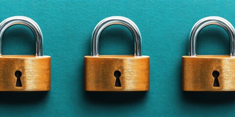 Fototapeta premium Three golden padlocks on a green surface with a keyhole in the middle - Landmarks