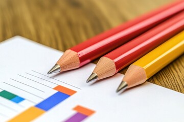 Naklejka premium Three pencils sitting on top of a piece of paper next to a calculator - Technology