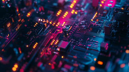 Fototapeta premium Vibrant close-up of a circuit board illuminated by neon lights in a dark environment
