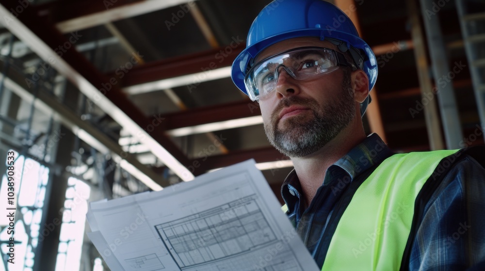 Poster a close-up of a construction engineer in a blue hard hat and safety glasses, discussing plans with a