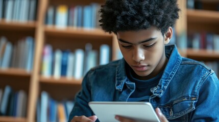 A teenager studying with digital textbooks on a tablet in a modern classroom, Modern lifestyle scene, Educational style