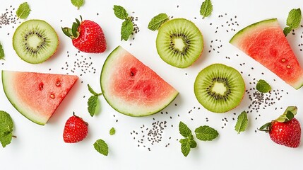   Slices of watermelon, kiwi, strawberries, and mint sprinkles on a white surface optimized