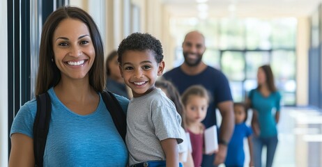 A smiling woman holds a child in a hallway filled with people, showcasing joy and community at a lively event.