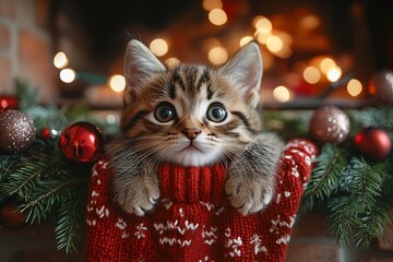 A tabby kitten peeks out of a red stocking near a fireplace