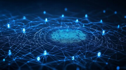 Fototapeta premium An image depicting a blue digital fingerprint surrounded by data streams on a blue bokeh background, symbolizes AI in biometric security