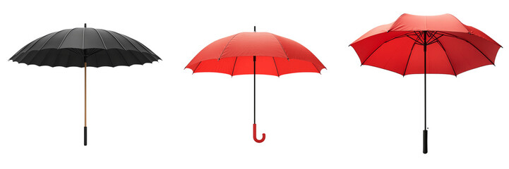 Set of A stylish black windproof straight handle umbrella made from thicken pongee material on transparent background. Ai generated