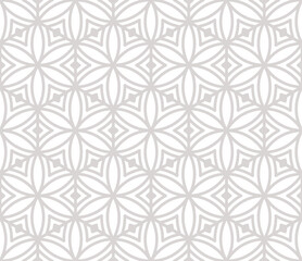 Vector geometric seamless pattern with floral silhouettes, leaves, hexagonal grid, curved lines. Subtle beige and white abstract texture. Delicate minimal ornamental background. Repeated geo design