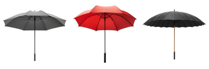 Set of A stylish black windproof straight handle umbrella made from thicken pongee material on transparent background. Ai generated