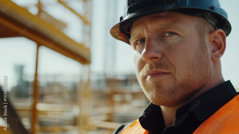 Poster a close-up of a construction foreman in a black hard hat and orange vest, discussing plans with work