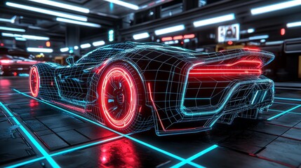 Using holographic interfaces, a detailed car model can be viewed in a high-tech environment, which highlights the sophistication of vehicle design and technology.