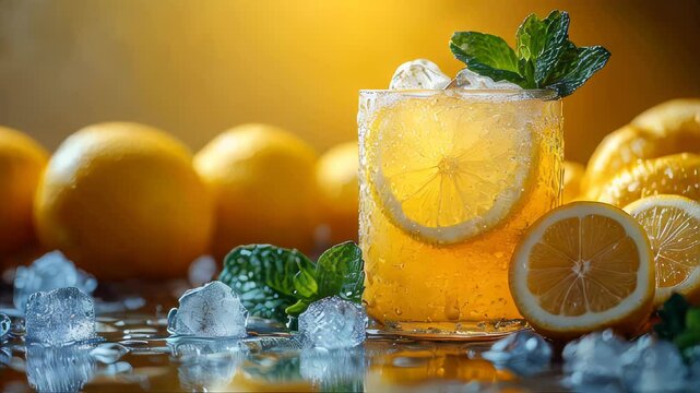 A glass of refreshing lemonade with ice cubes, fresh lemons, and mint leaves in a bright summer setting