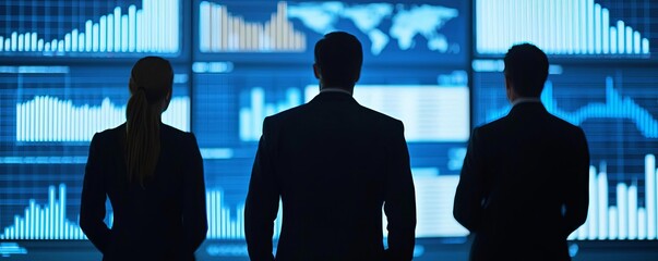 Business professionals analyzing data on digital screens in a modern office environment.