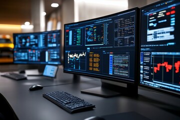 Modern Financial Trading Office with Multiple Monitors Displaying Stock Market Data and Analytics
