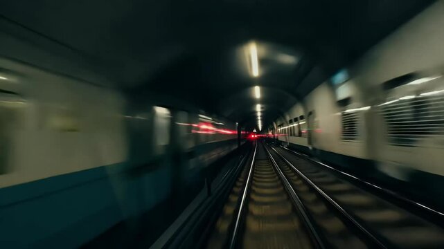 dynamic video filmed fast road train moving lights travels underground tunnel concept running light dark background pass track road railway