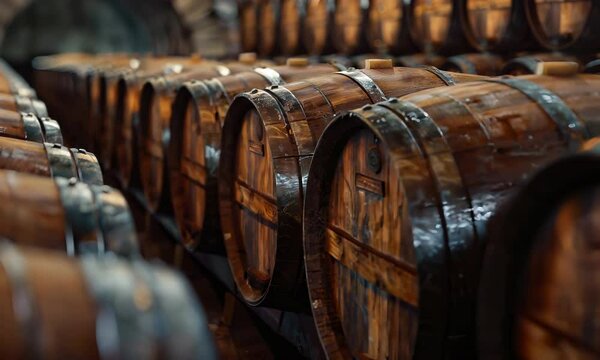 Aging oak barrels in a rustic cellar for fine wine craftsmanship