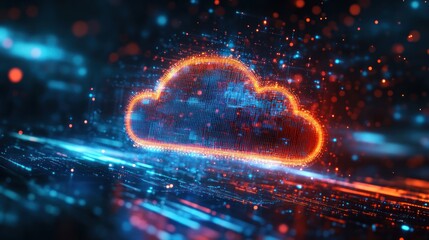 Obraz premium A glowing digital cloud symbol representing data storage and technology.