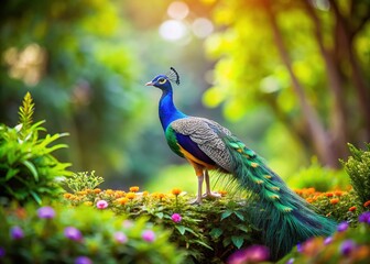 Obraz premium A peacock in miniature, a vibrant jewel adorning the garden, enchanting all who gaze upon it.